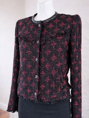 IRO Paris Tweed Jacket Black Red Leather Panel Detail Fringe Size 36